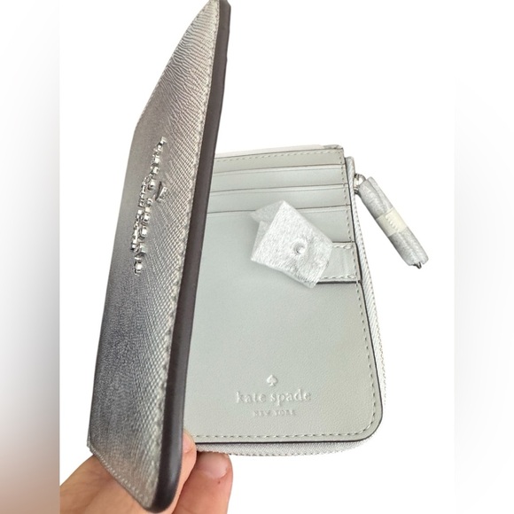 Kate Spade Glimmer Silver Metallic Saffiano Medium Compact Bifold Wallet - Picture 3 of 5